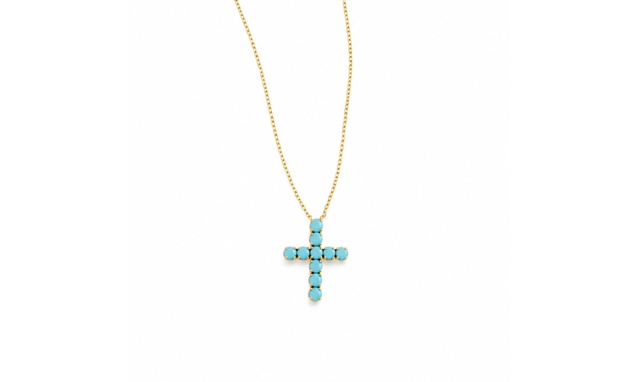Colar Crucifixo Turquesa Banho de Ouro 18k.
