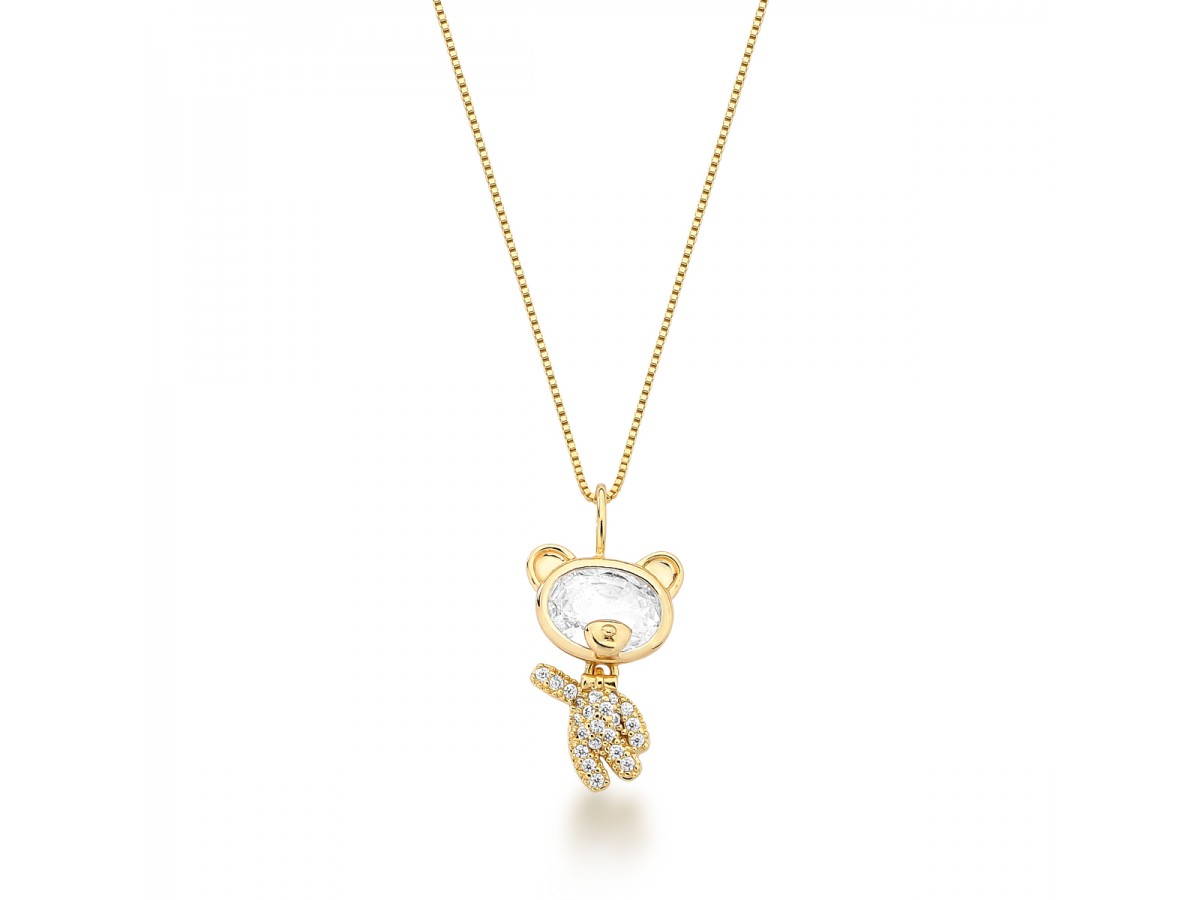Colar Ursinho Cravejado Banho de Ouro 18k.