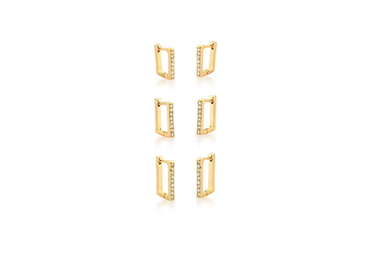 Brinco Argola Retangular Cravejada Banho de Ouro 18k.