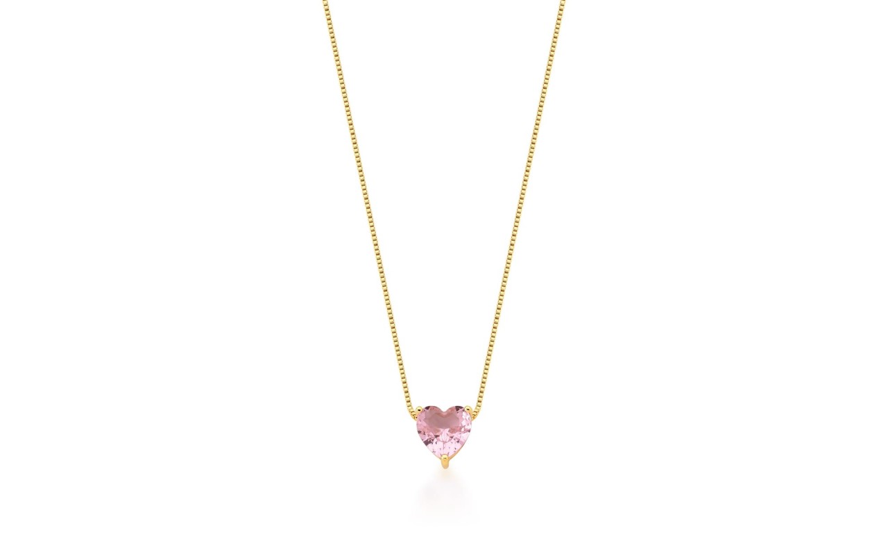 Colar Coração Quartzo Rosa Banho de Ouro 18k.