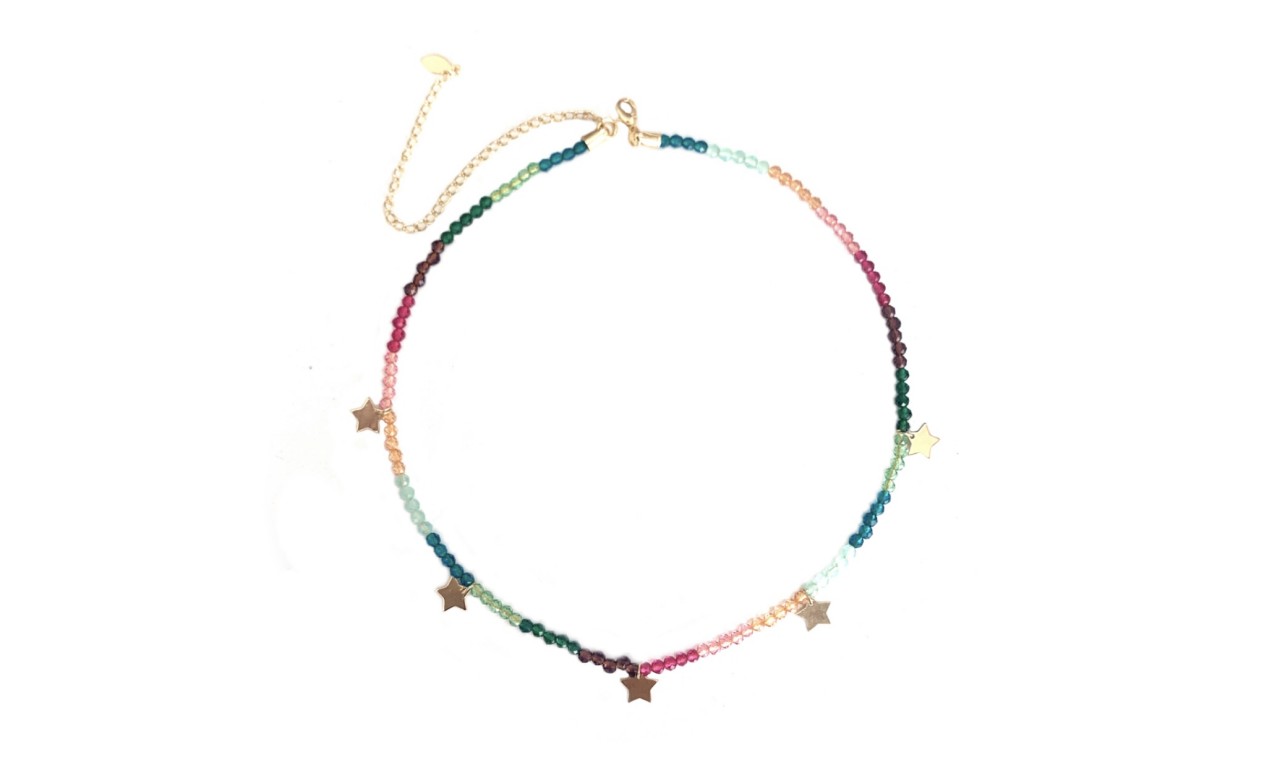 Colar Cristais Multicolor Estrelas Banho de Ouro 18k.