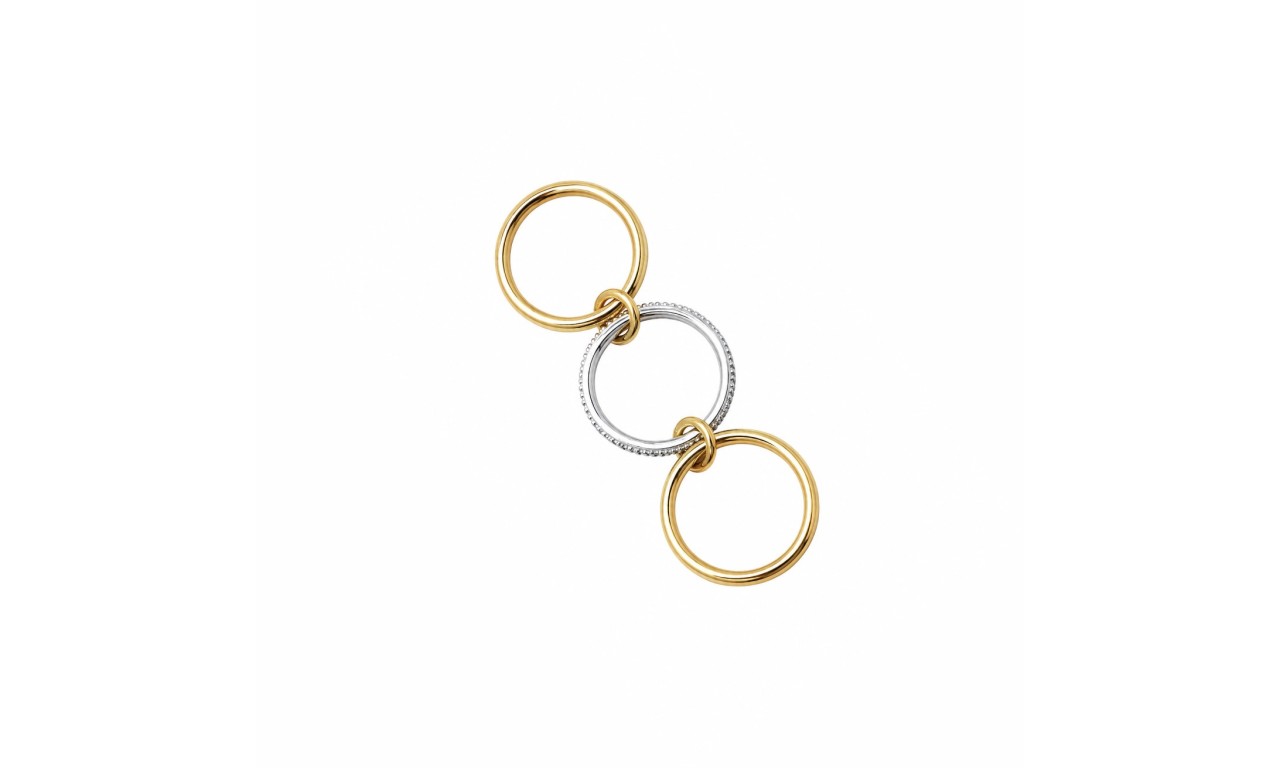 Anel Triplo Cravejado Banho de Ouro 18k e Ródio Branco.