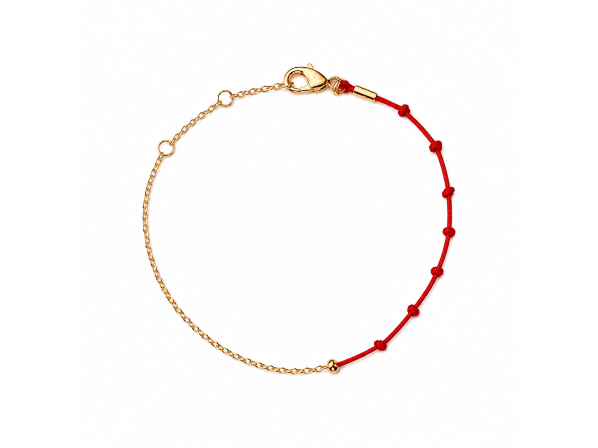 Pulseira Vermelha 7 Nós Mini Elo Banho de Ouro 18k