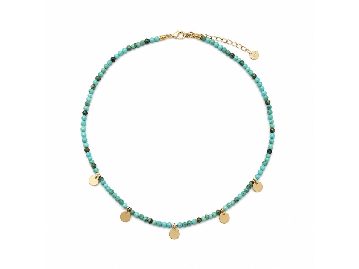 Colar Turquesa Natural Plaquinhas Banho de Ouro 18k.