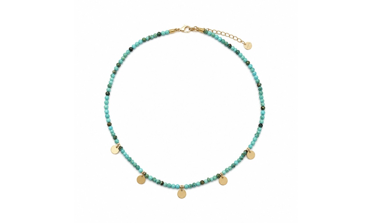 Colar Turquesa Natural Plaquinhas Banho de Ouro 18k.