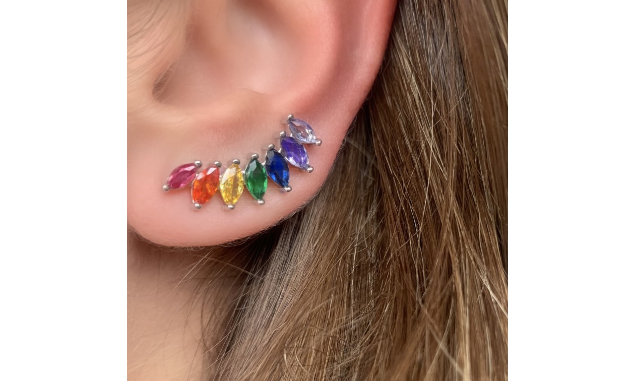 Brinco Ear Cuff Rainbow Navete Ródio Branco.