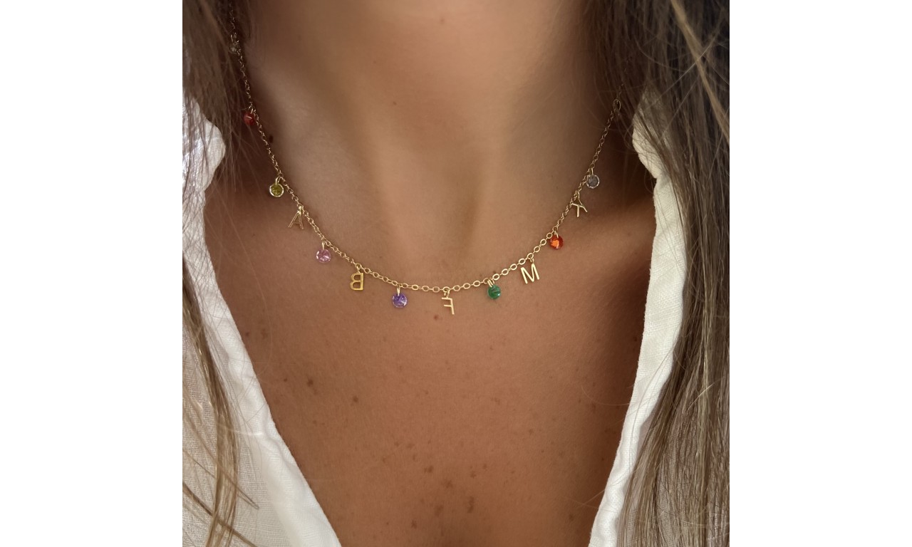 Colar Personalizado Cristais Coloridos Banho de Ouro 18k.