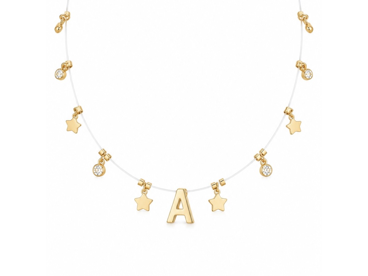 Colar Inicial Pontos de Luz Nylon Banho de Ouro 18k.