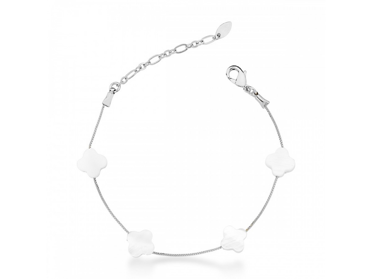 Pulseira Trevo Madrepérola Ródio Branco.