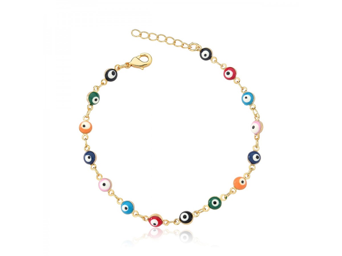 Pulseira Olho Grego Colorida  Banho de Ouro 18k.
