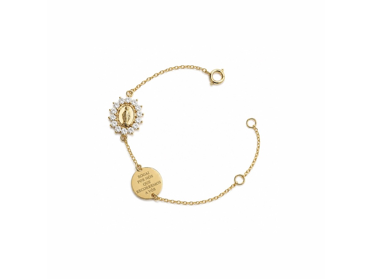 Pulseira Nossa Senhora Cravejada Banho de Ouro 18k.