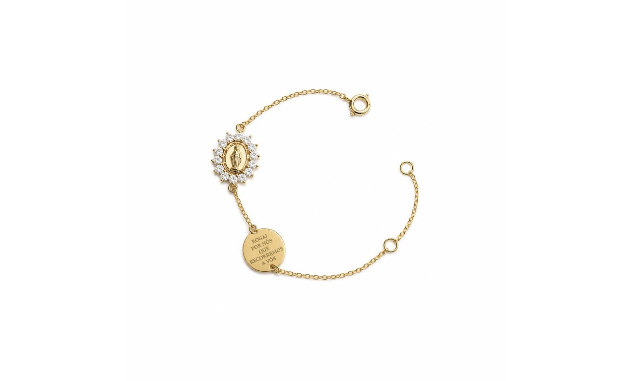 Pulseira Nossa Senhora Cravejada Banho de Ouro 18k.