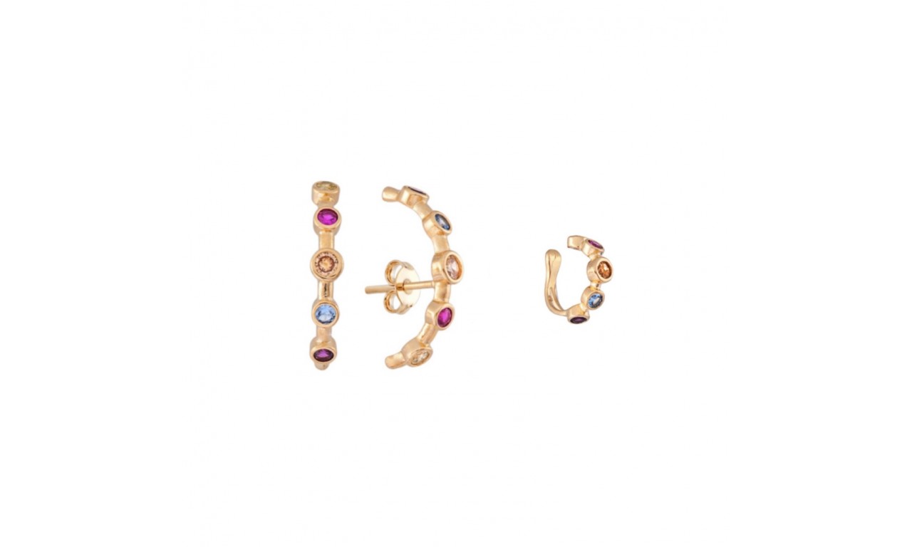 Brinco Ear Hook + Piercing Fake Colors Banho de Ouro 18k.