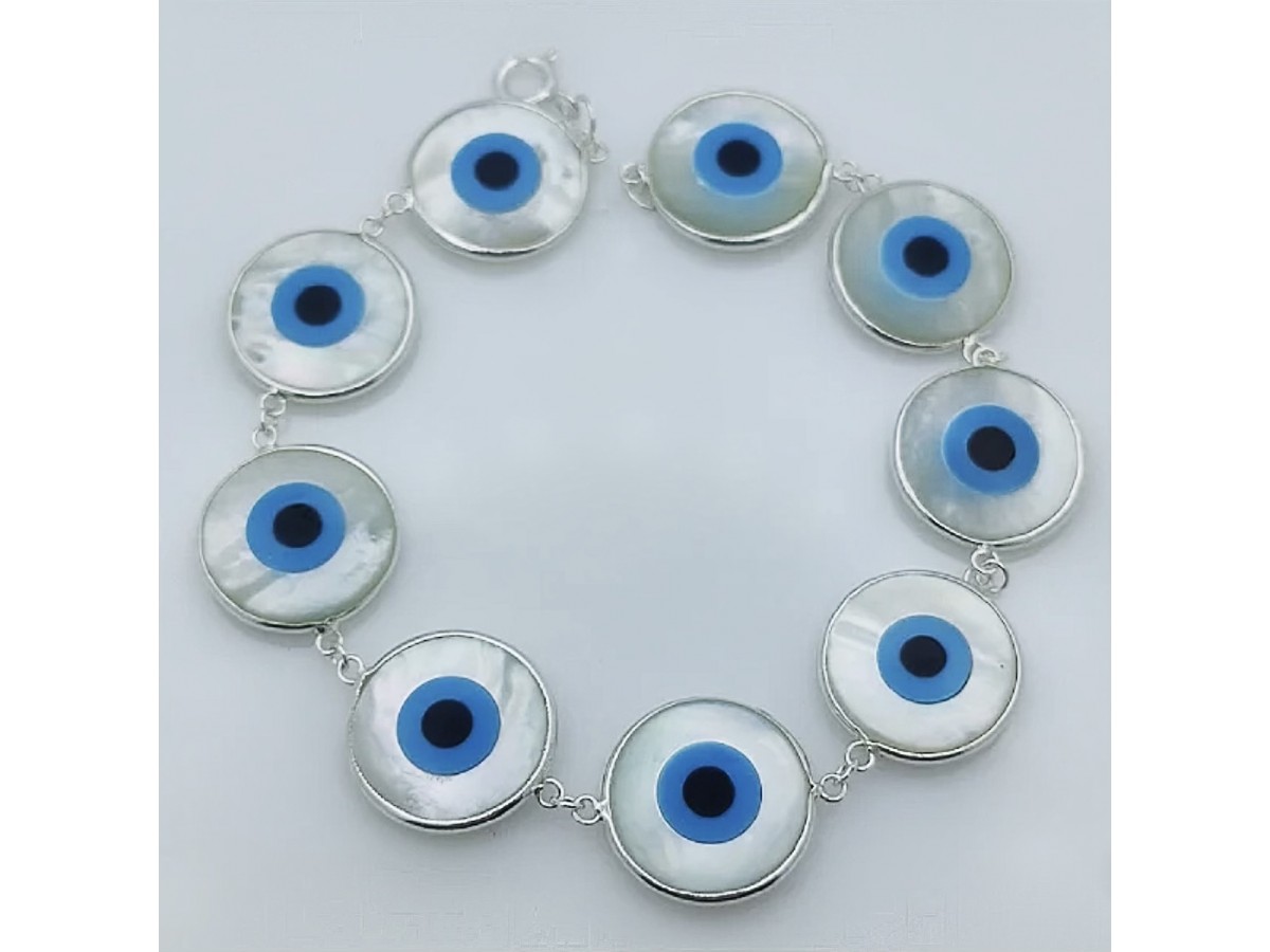Pulseira Olho Grego Madrepérola Luxo Prata 925.