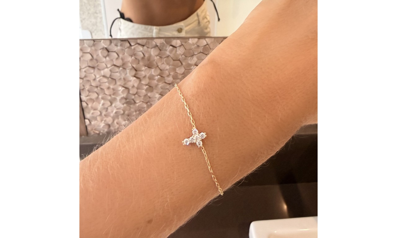 Pulseira Mini Cruz Cristais Banho de Ouro 18k.
