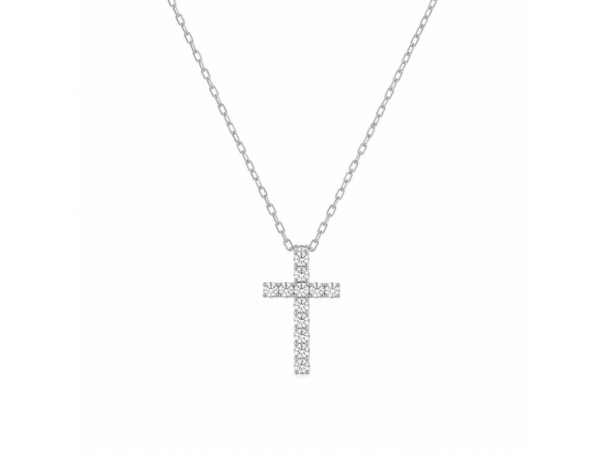 Colar Crucifixo Cravejado Ródio Branco.