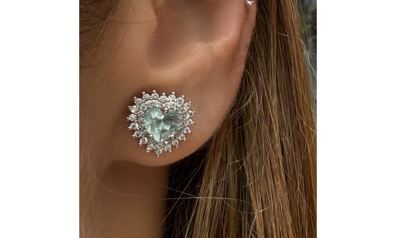 Brinco Coração Agua Marinha Ródio Branco.