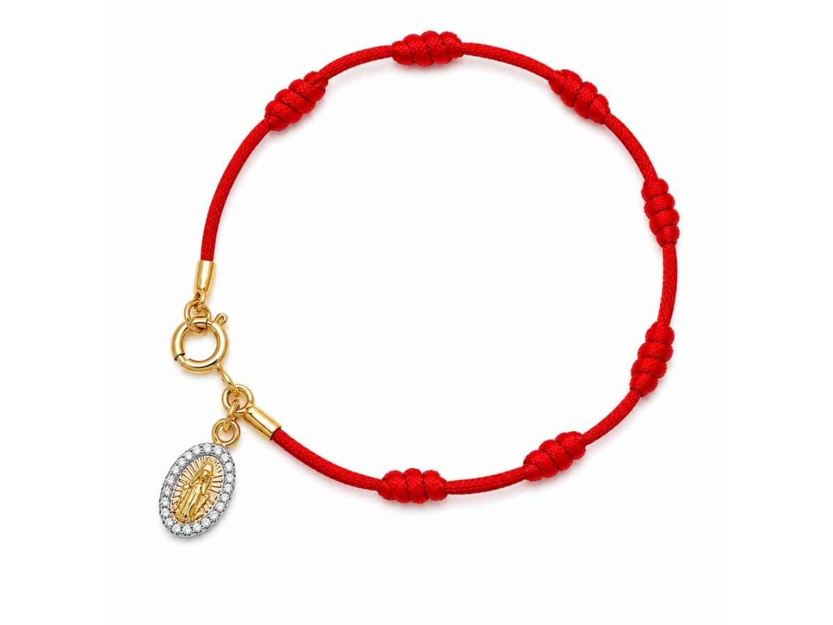 Pulseira 7 nós Fio de Seda Medalha Banho de Ouro 18k + Ródio Branco.