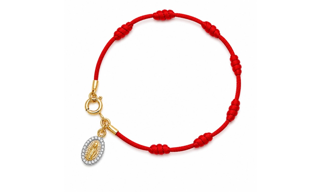 Pulseira 7 nós Fio de Seda Medalha Banho de Ouro 18k + Ródio Branco.