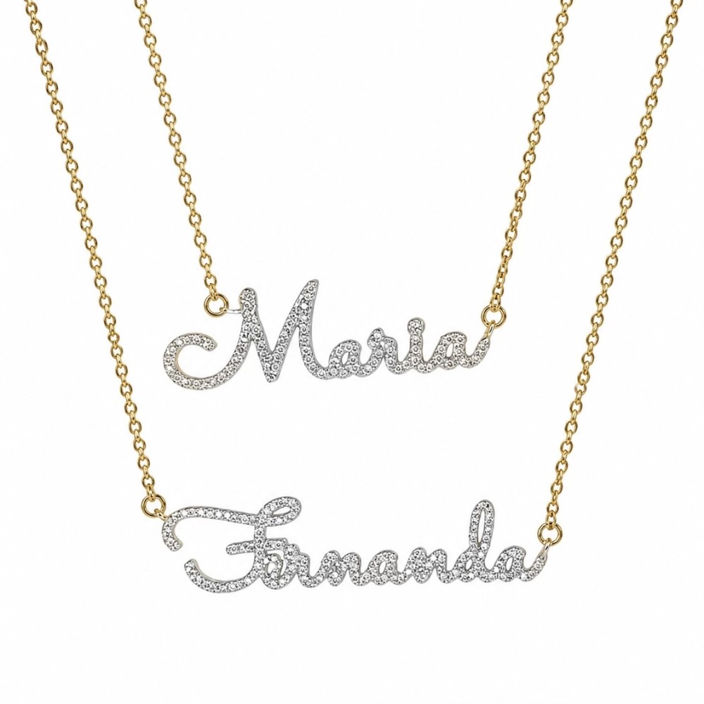 Colar Nome Prata 925 Micro Cravação Banho de Ouro 18k ou Ródio Branco. Colar Nome Prata 925 Micro Cravação Banho de Ouro 18k ou Ródio Branco.