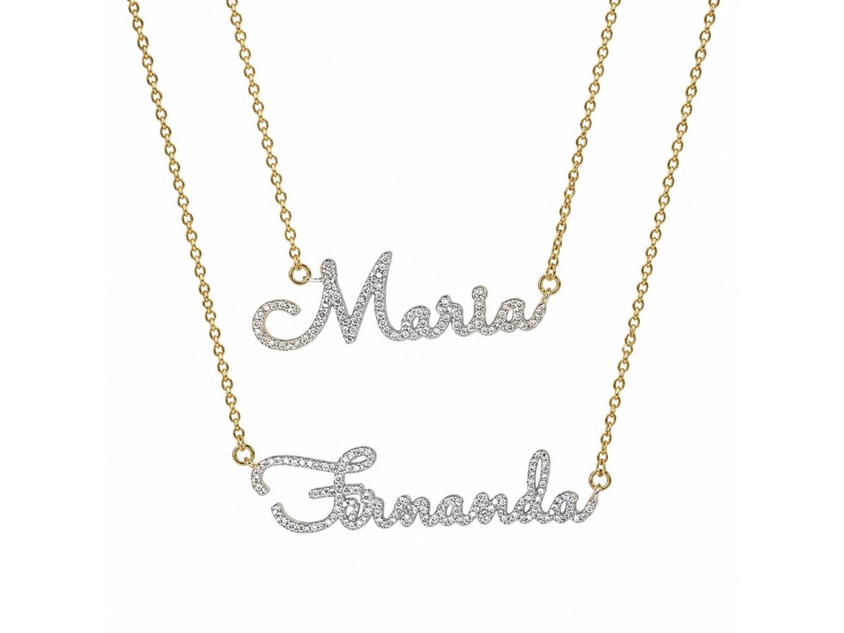 Colar Nome Prata 925 Micro Cravação Banho de Ouro 18k ou Ródio Branco.