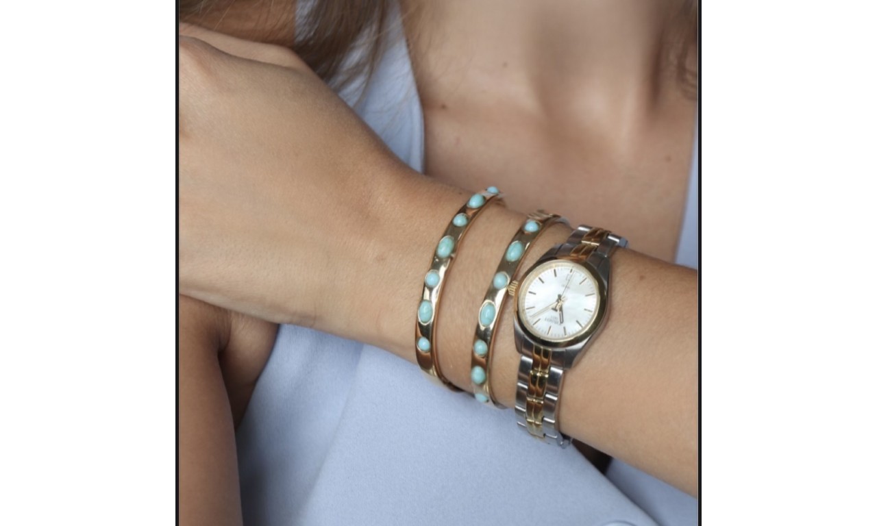 Pulseira Turquesa Bracelete Banho de Ouro 18k.