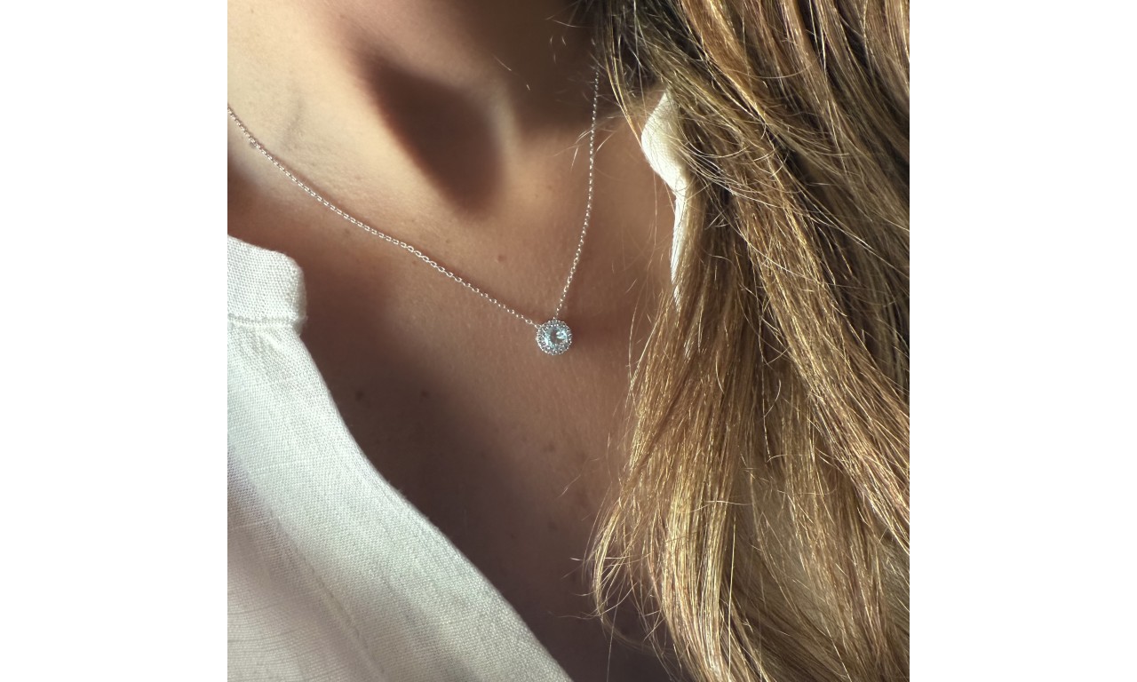 Conjunto Rodinha Água Marinha Banho de Ródio Branco.