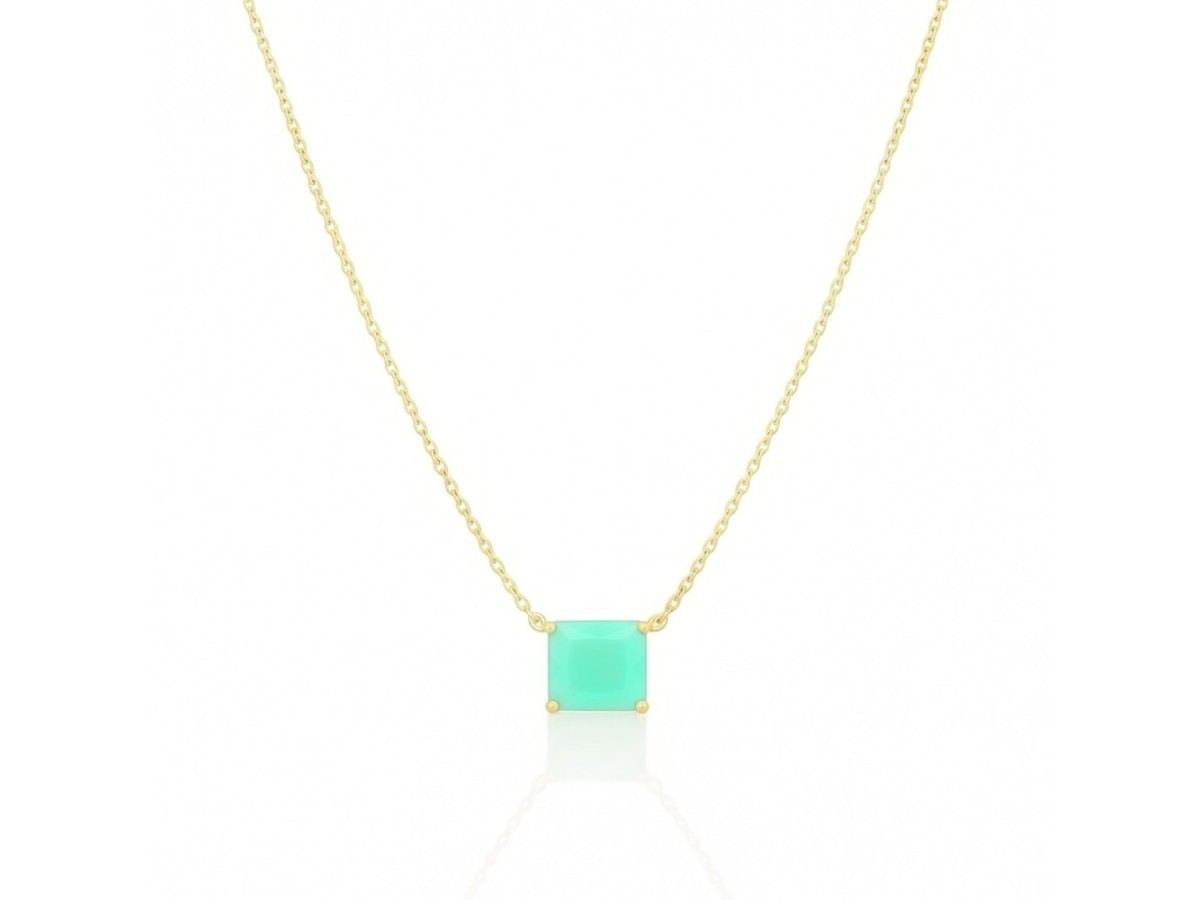 Colar Quadradinho Esmeralda Leitosa Banho de Ouro 18k