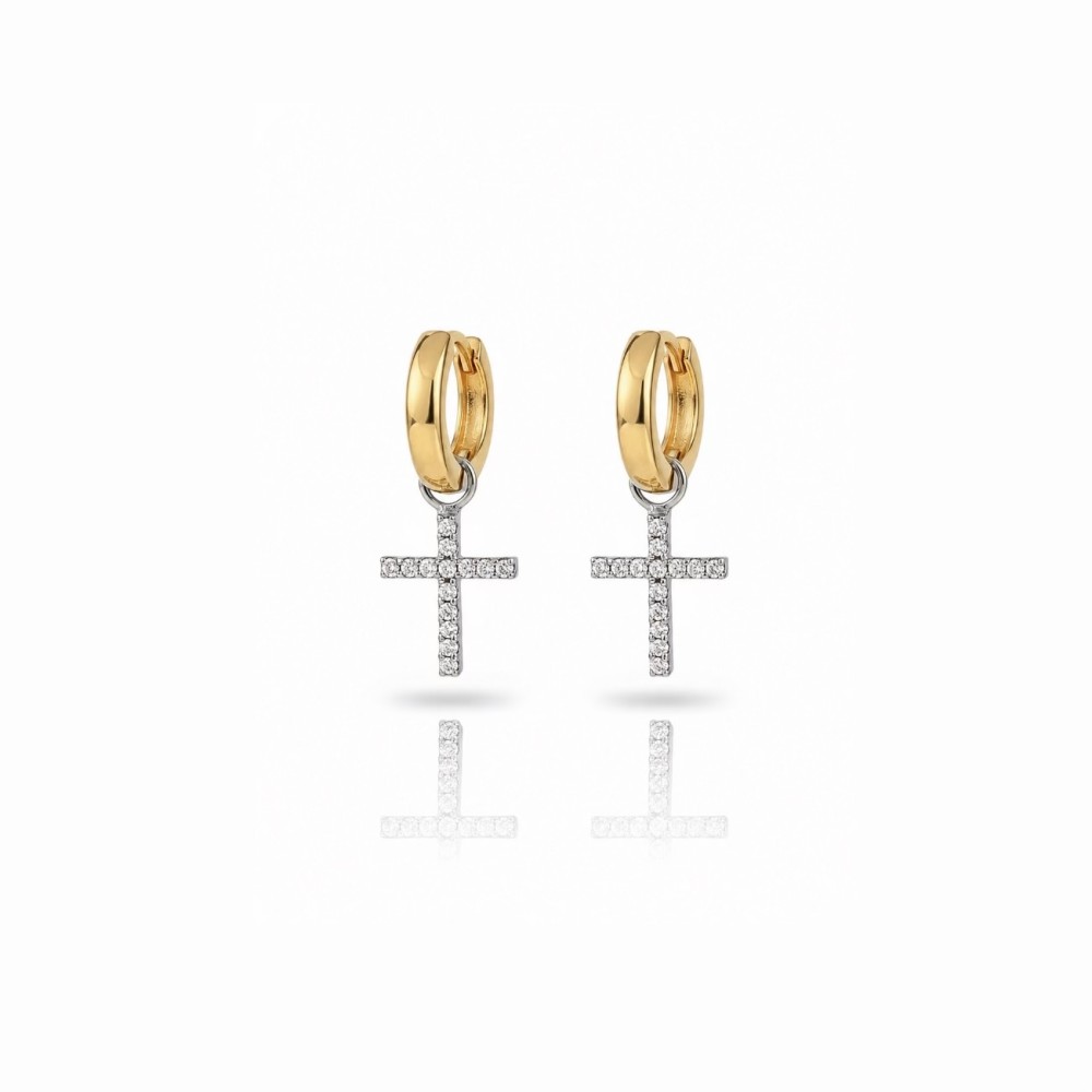 Brinco Argola Cruz Cravejada Banho de Ouro 18k Brinco Argola Cruz Cravejada Banho de Ouro 18k