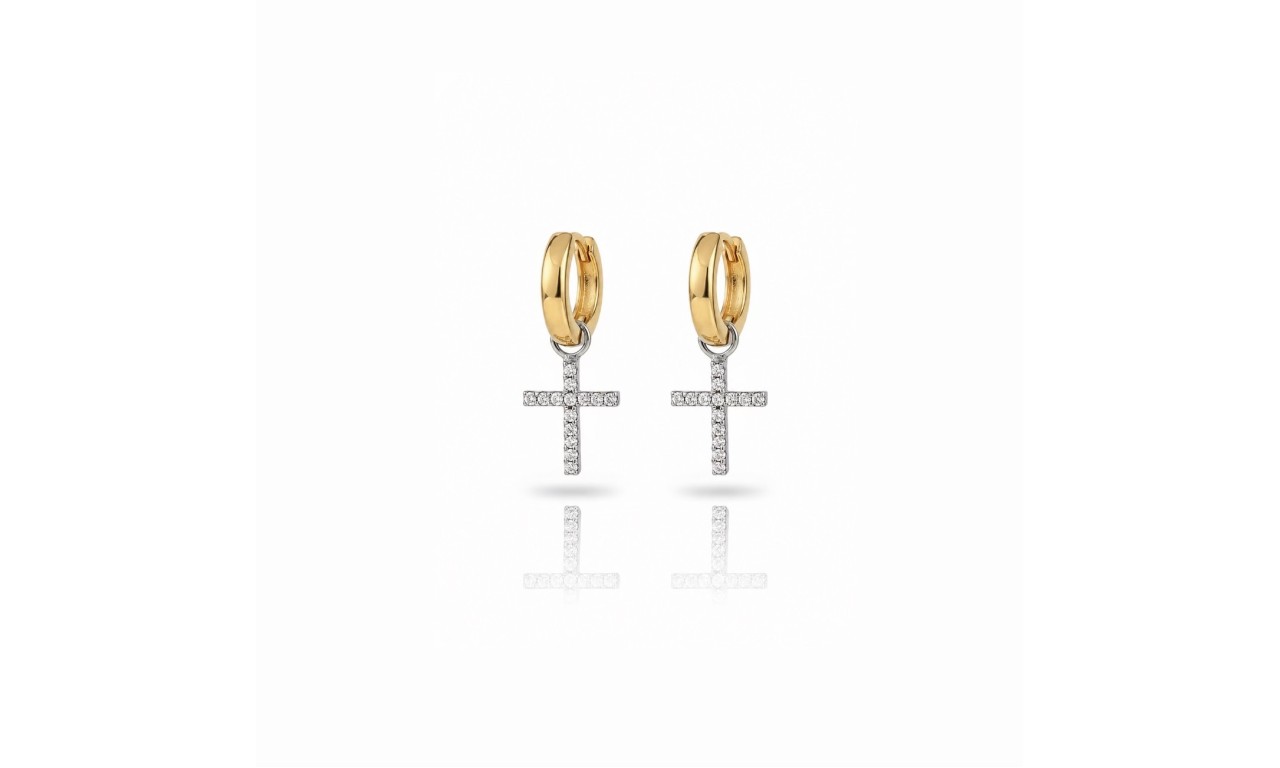 Brinco Argola Cruz Cravejada Banho de Ouro 18k