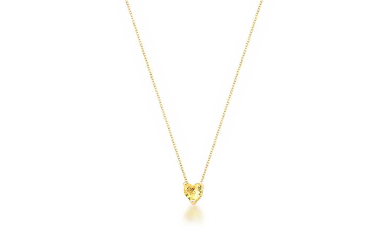 Colar Coração Citrino Banho de Ouro 18k.