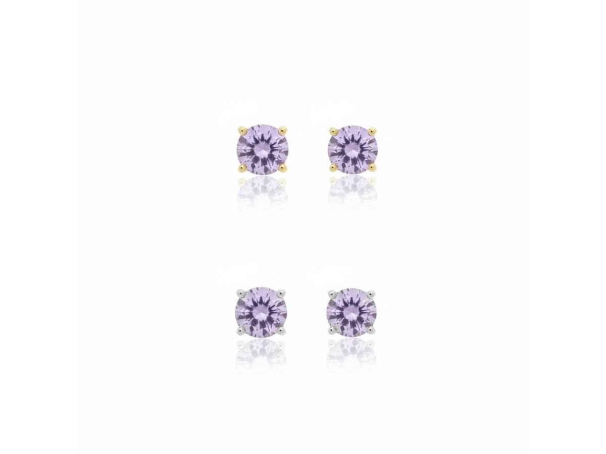 Brinco Ponto de Luz Ametista Banho de Ouro 18k ou Ródio Branco.