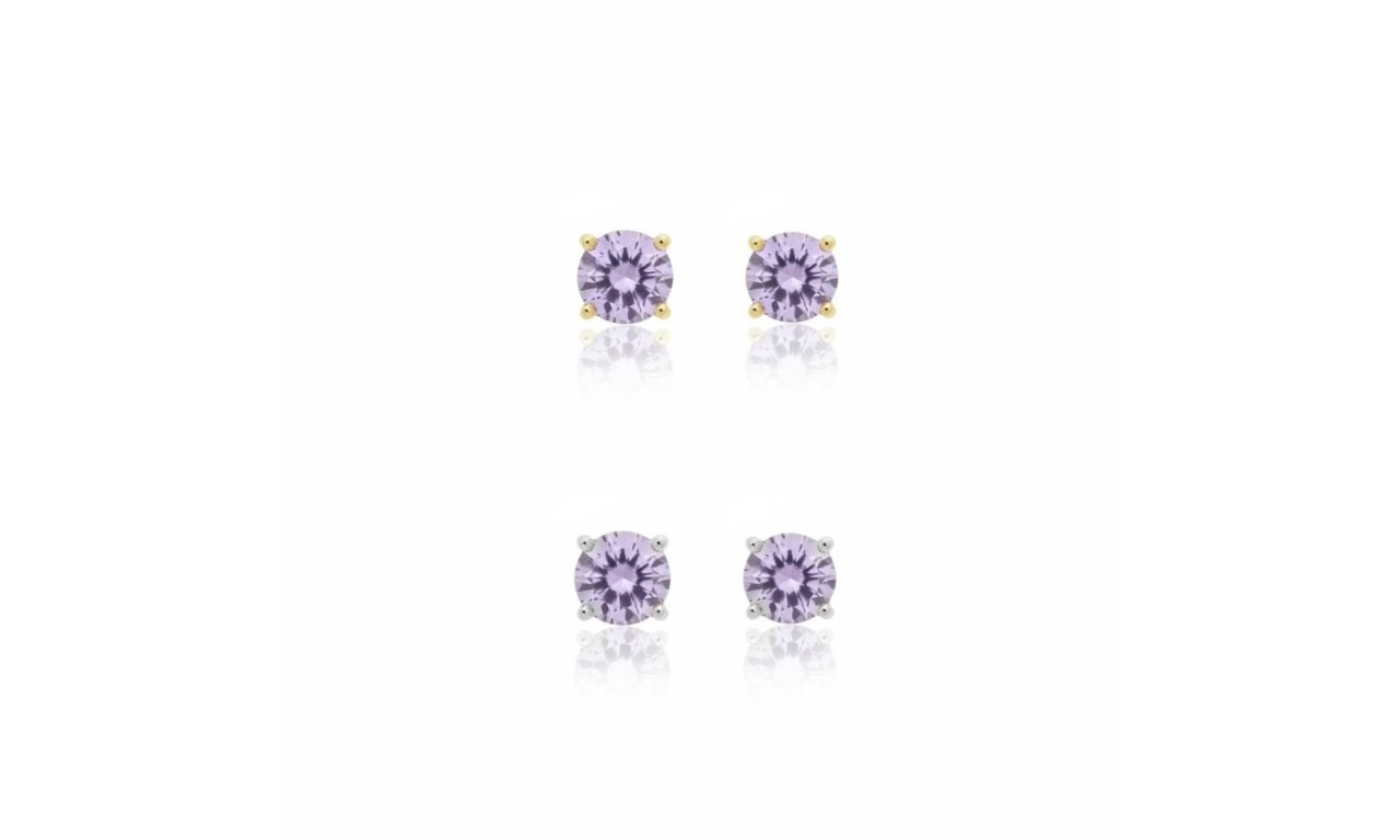 Brinco Ponto de Luz Ametista Banho de Ouro 18k ou Ródio Branco.