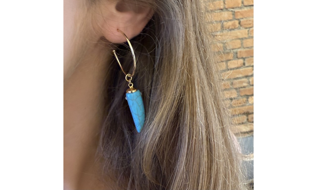 Brinco Dente Turquesa Argola Banho de Ouro 18k.