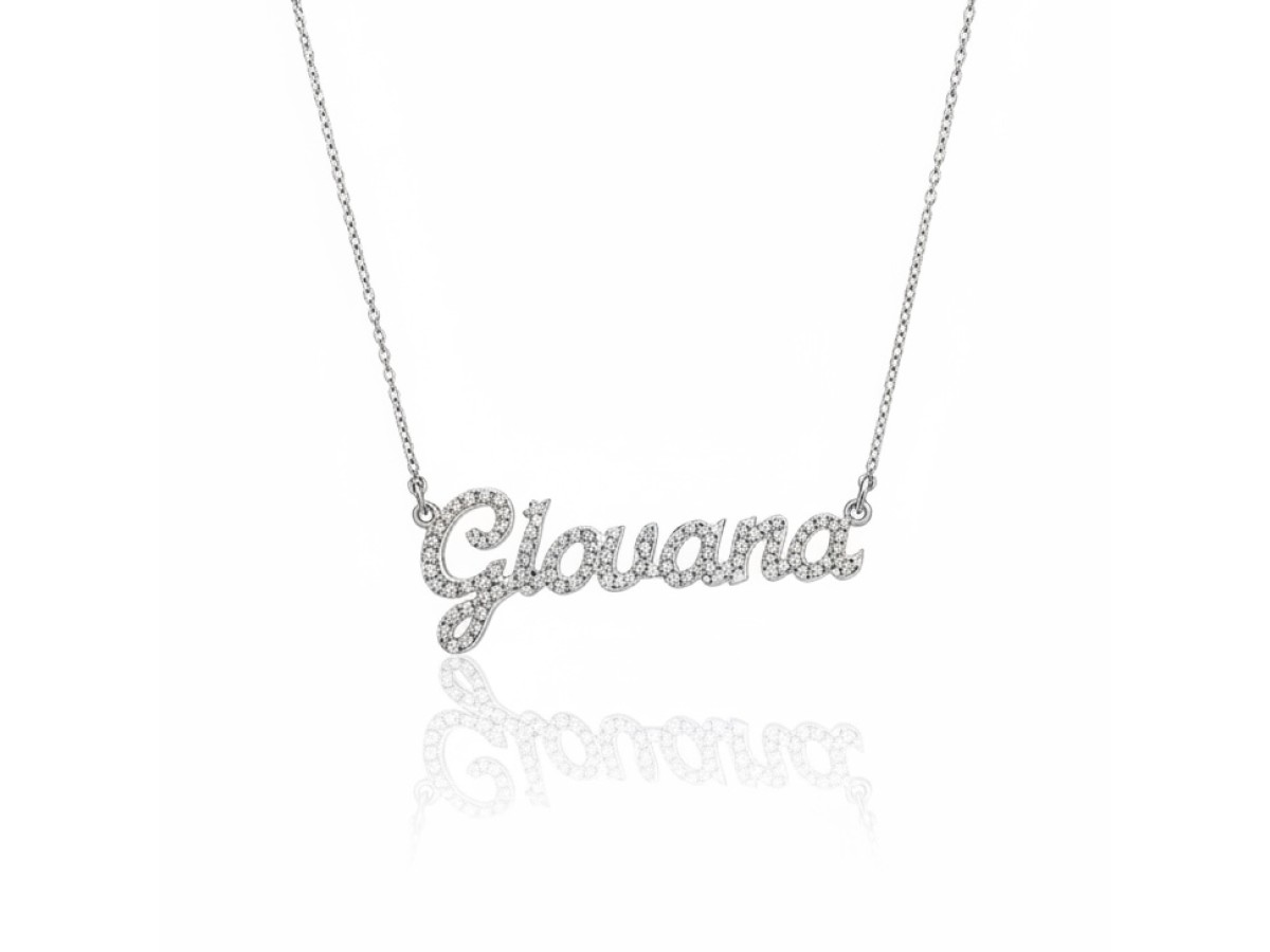 Colar Nome Cravejado Banho de Ouro 18k ou Ródio Branco.