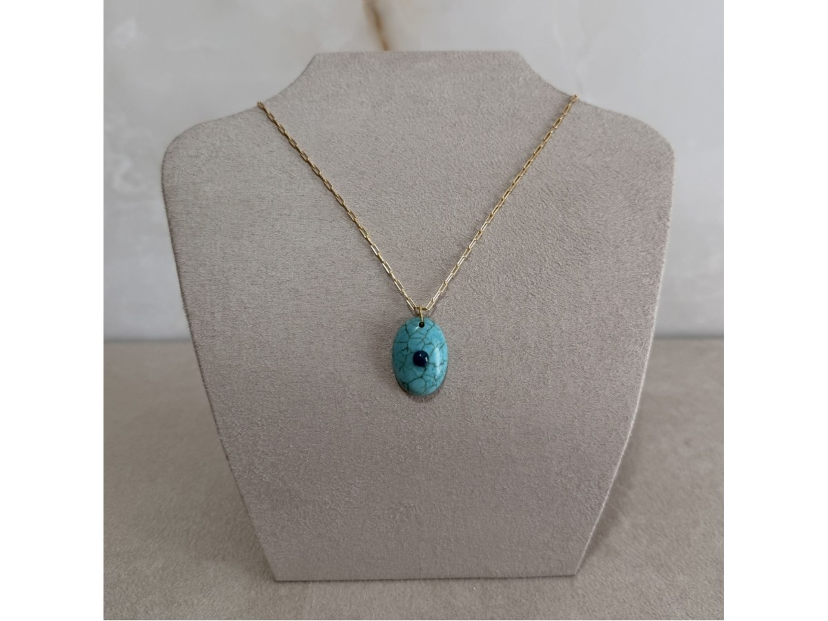 Colar Turquesa Pedra Natural Banho de Ouro 18k.
