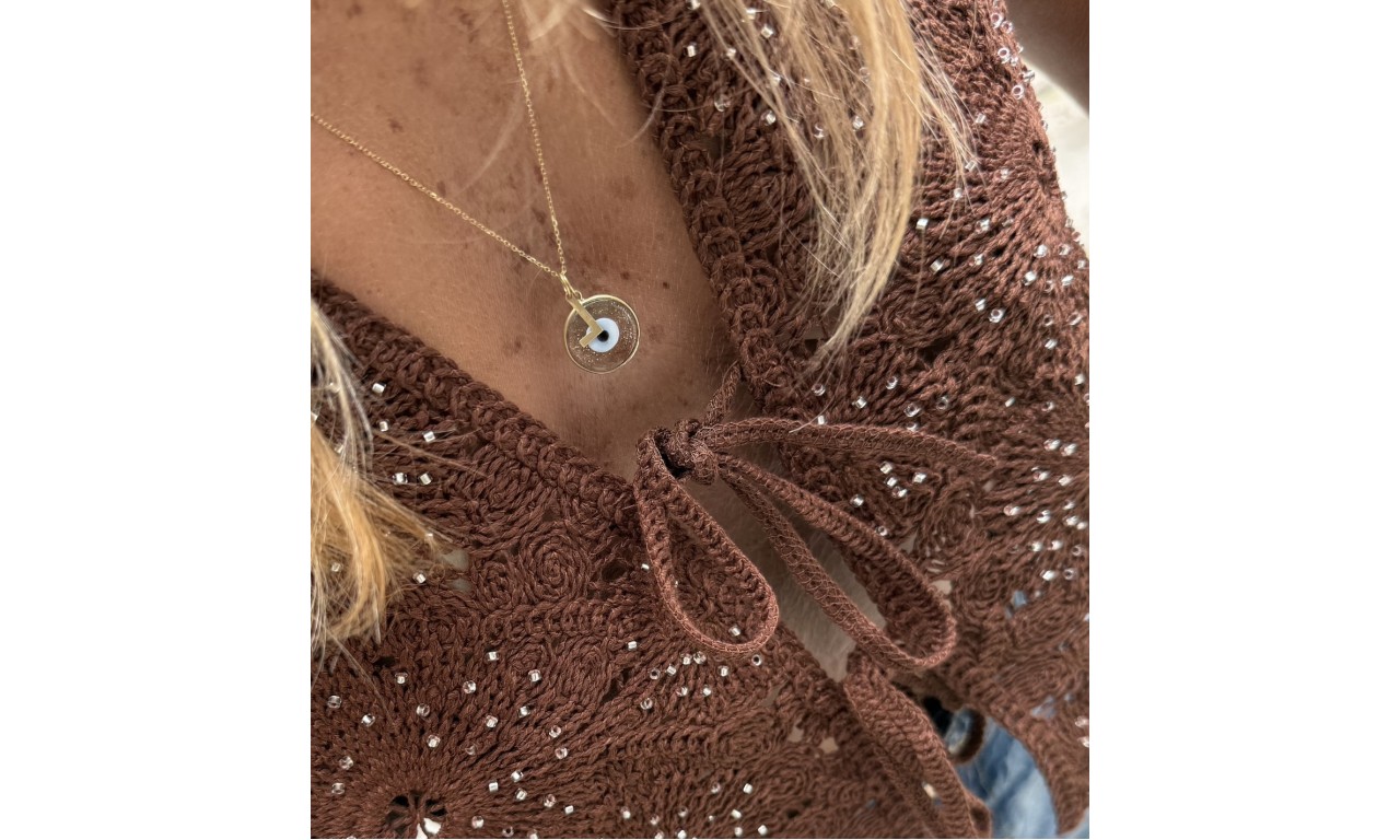 Pingente Olho Grego Murano Prata 925 Banho de Ouro 18k.