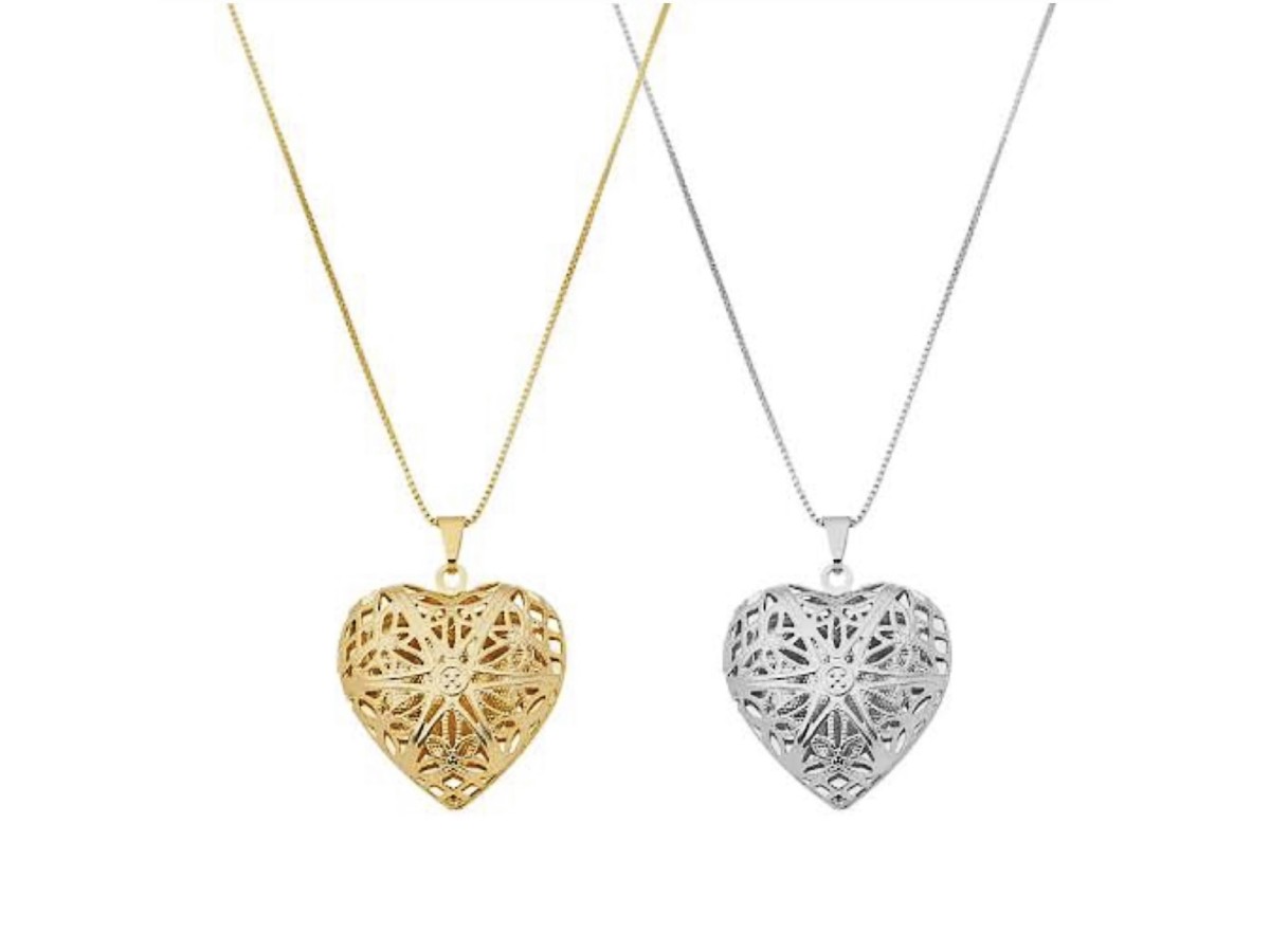 Colar Relicário Coração Virgínia Banho de Ouro 18k ou Ródio Branco.