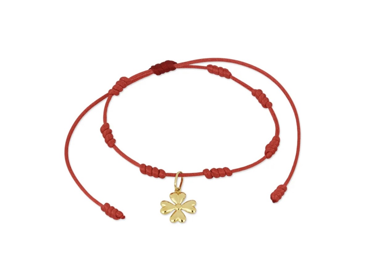 Pulseira Vermelha 7 Nós Trevo Fio de Seda  Banho de Ouro 18k.