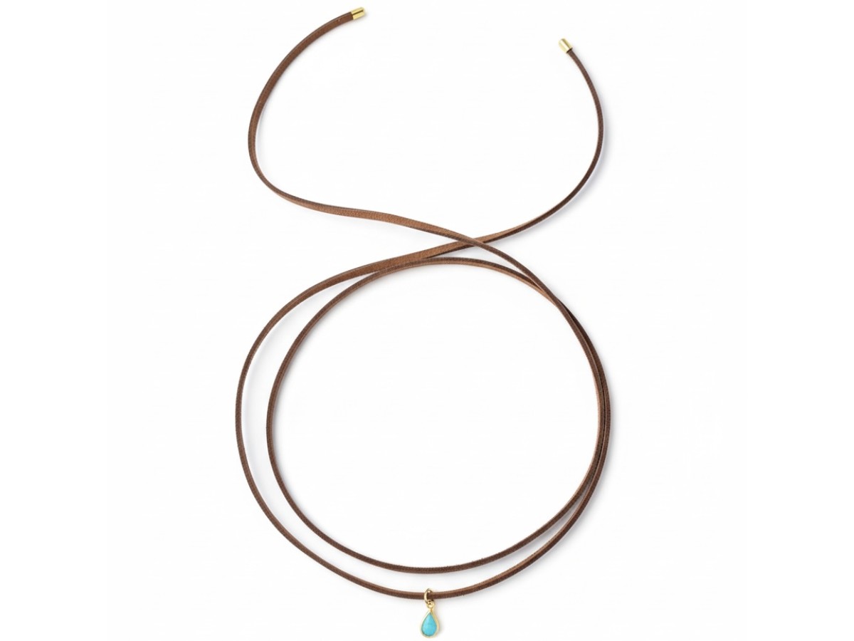 Colar Choker ou Pulseira Fio de Camurça Gota Turquesa Banho de Ouro 18k.