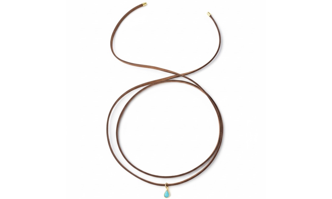 Colar Choker ou Pulseira Fio de Camurça Gota Turquesa Banho de Ouro 18k.