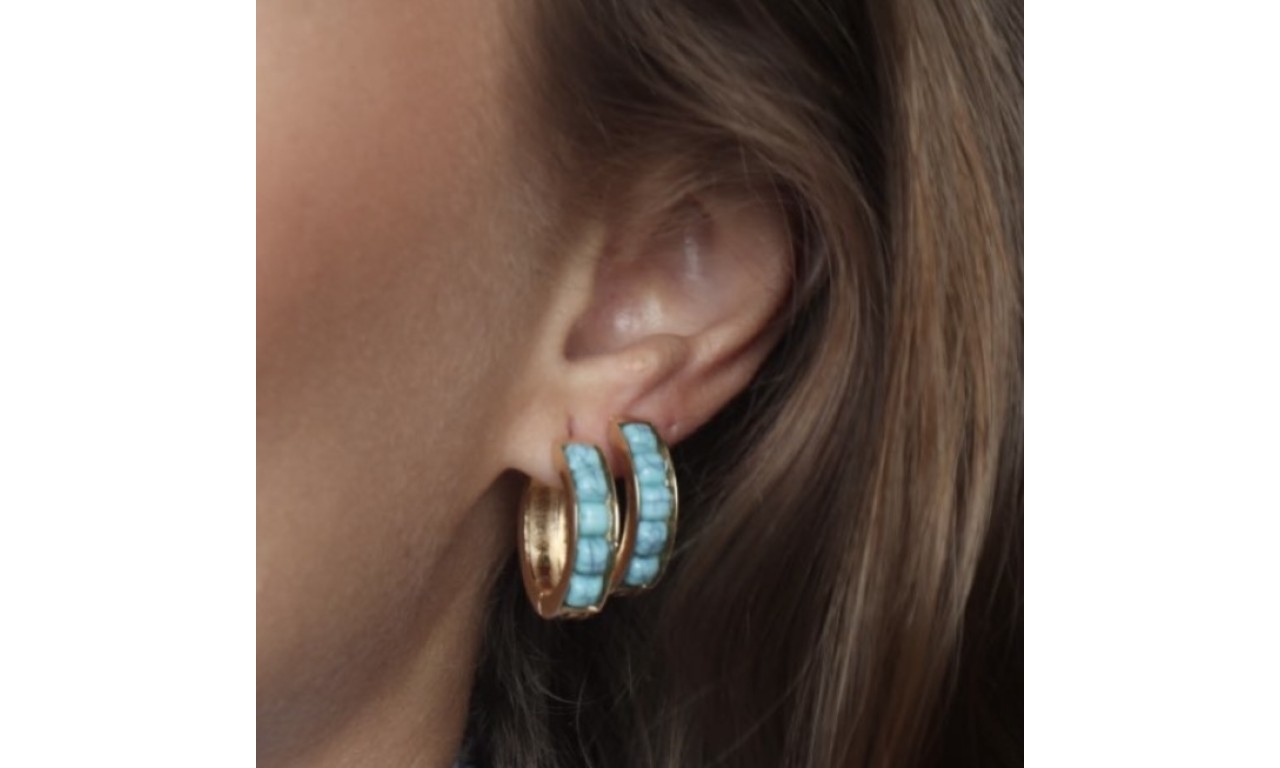 Brinco Turquesa Argola Banho de Ouro 18K