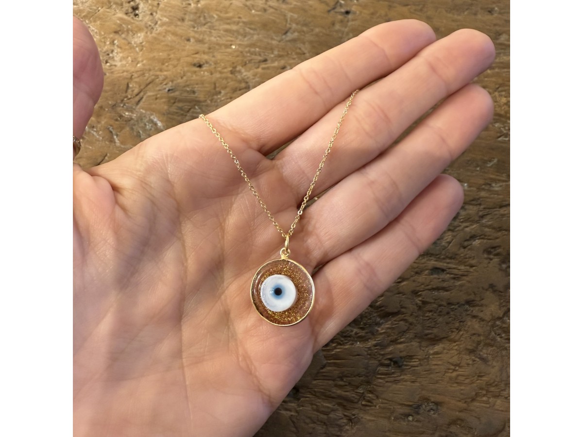 Colar Olho Grego Murano Dourado Banho de Ouro 18k.