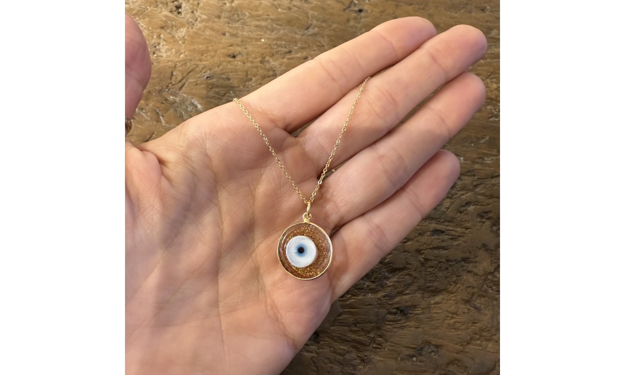 Colar Olho Grego Murano Dourado Banho de Ouro 18k.