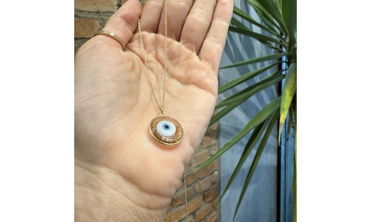 Colar Olho Grego Murano Dourado Banho de Ouro 18k.