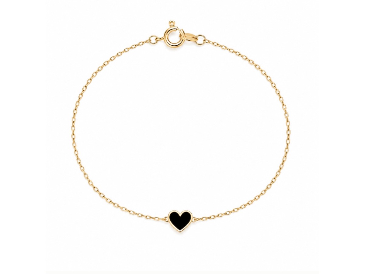 Pulseira Coração Preto Banho de Ouro 18k.