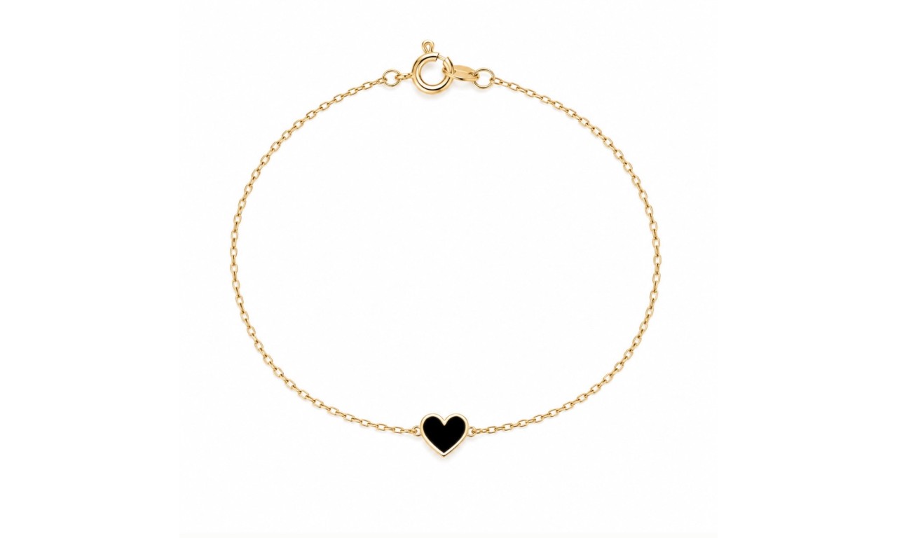 Pulseira Coração Preto Banho de Ouro 18k.