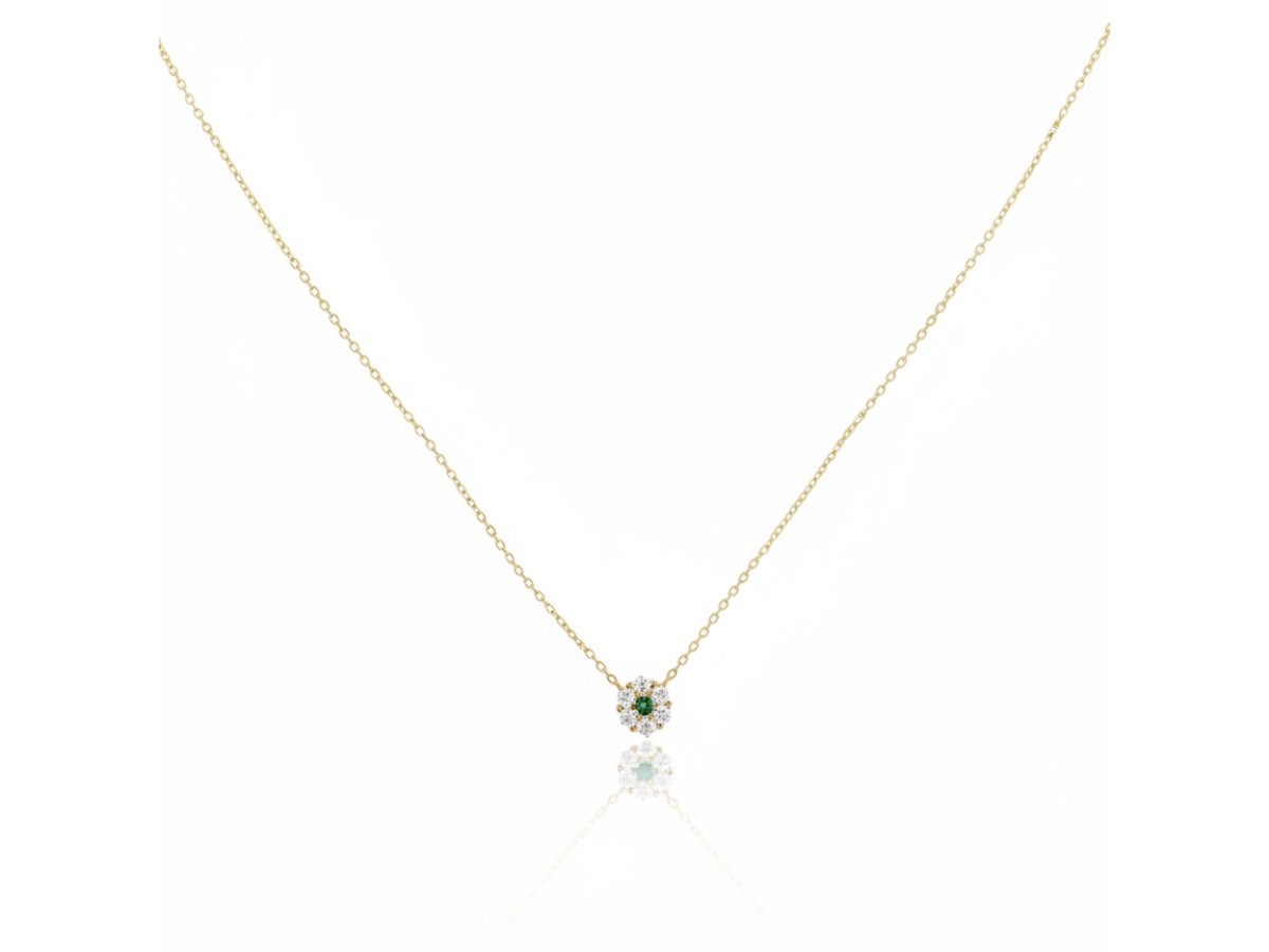 Colar Flor Esmeralda Corrente Ultra Fina Banho de Ouro 18K.