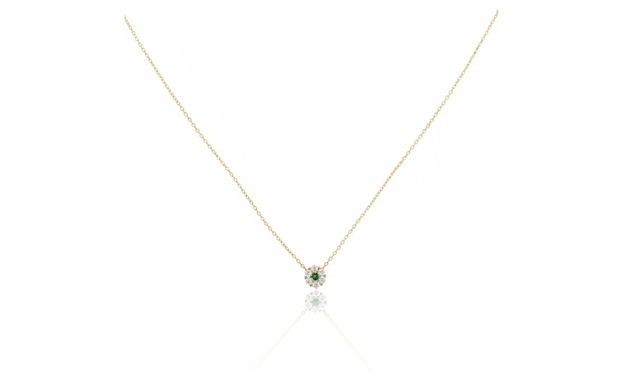 Colar Flor Esmeralda Corrente Ultra Fina Banho de Ouro 18K.
