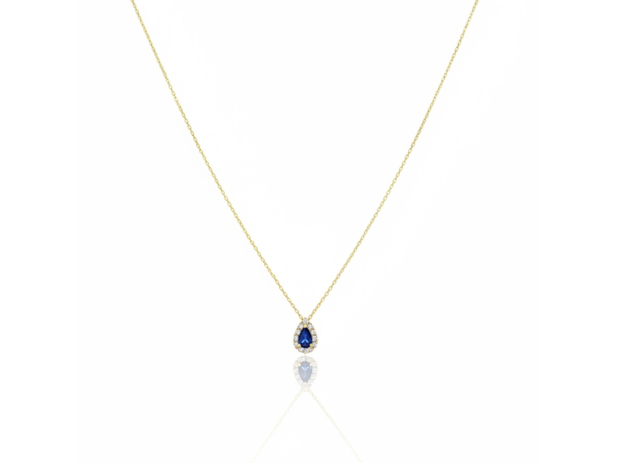 Colar Gota Safira Micro Cravação Banho de Ouro 18k.